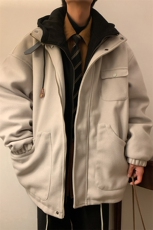 EQ158冬季日系宽松港风加厚毛呢大衣连帽棉衣棉服假两件外套P145，男装棉衣，电商C306-1