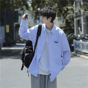 条纹长袖衬衫男韩版潮流宽松休闲寸衫日系情侣衬衣外套女S220-P30图片