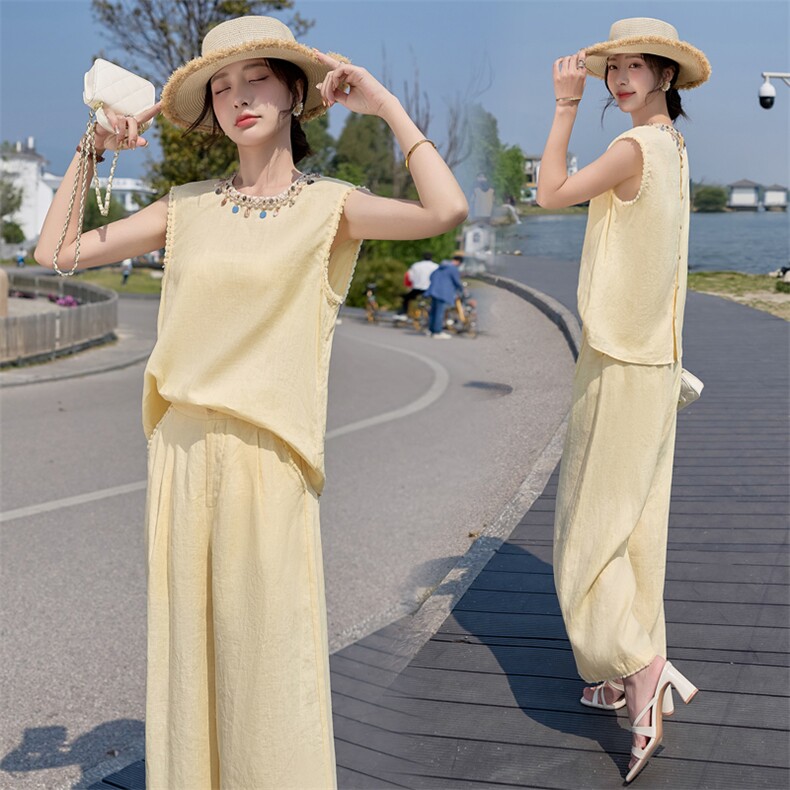 bebejudy海边度假~多巴胺休闲亚麻套装女夏季背心阔腿裤两件套装图片