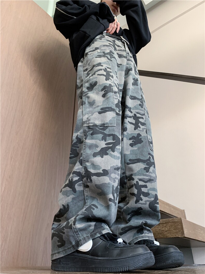 春季美式迷彩微喇牛仔裤潮休闲做旧直筒高街工装裤伐木裤GJ39P45,男装牛仔裤,电商D256-3(原A064-3)