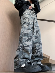 春季美式迷彩微喇牛仔裤潮 休闲做旧直筒高街工装裤伐木裤GJ39P45图片