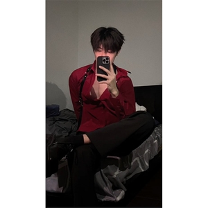枫叶红禁欲系酒红色衬衫男春秋季痞帅dk男生制服长袖衬衣打底衫
