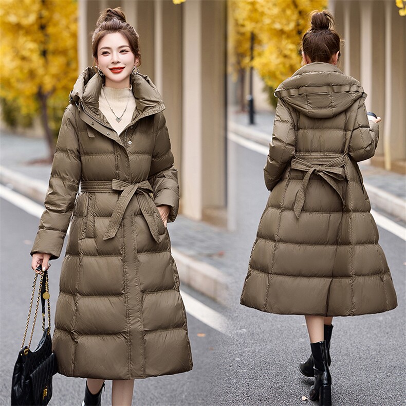 气质过膝长款羽绒服女2024冬新款系带收腰修身连帽保暖白鸭绒外套,女装羽绒服,火爆靓佳人