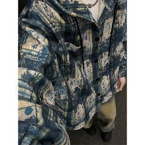 WY10097-P55 加绒P65 秋季撞色格子连帽大码休闲百搭卫衣外套男图片