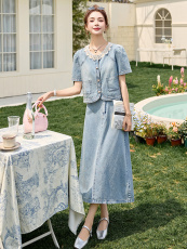 现货可推2025夏季新款小香风时尚甜美拼接牛仔套装两件套，女装套装/套裙，然然