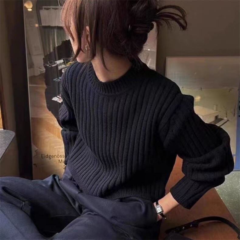条纹坑条小高领长袖毛衣女秋冬新款宽松显瘦,女装羊毛衫,旭驰羊绒