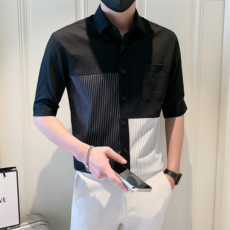 2025新款夏季短袖衬衫男潮牌发型师男装条纹衬衣A313-1-W520-P58,男装T恤,电商A313-1