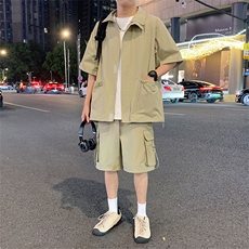 工装套装XZ5513-TP65控价98工装衬衫套装夏季日系复古短袖短裤，男装衬衫，电商A102-1