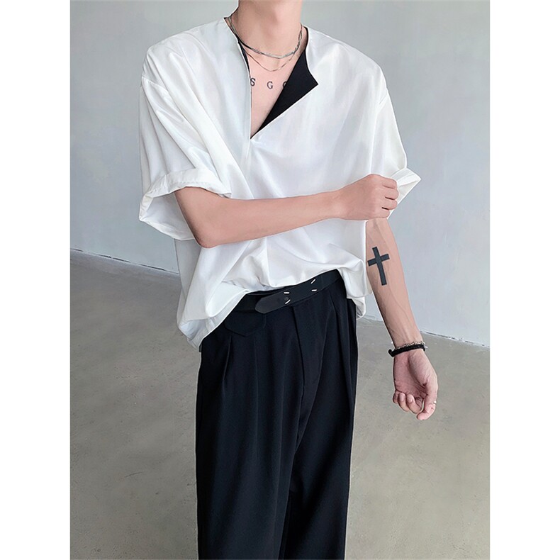 25夏季新中式撞色丝光设计感醋酸老钱风丝滑冰丝短袖T恤DX142-p58,男装T恤,电商B288
