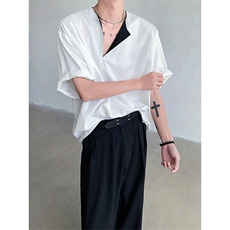 25夏季新中式撞色丝光设计感醋酸老钱风丝滑冰丝短袖T恤DX142-p58，男装T恤，电商B288