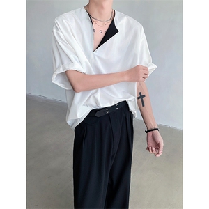 25夏季新中式撞色丝光设计感醋酸老钱风丝滑冰丝短袖T恤DX142-p58图片