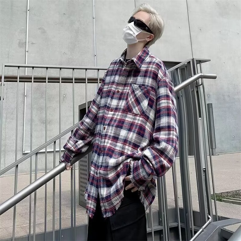 美式复古格子拼色防晒长袖衬衫男女外套潮流高街C31-P45,男装防晒衣,星座1109-3