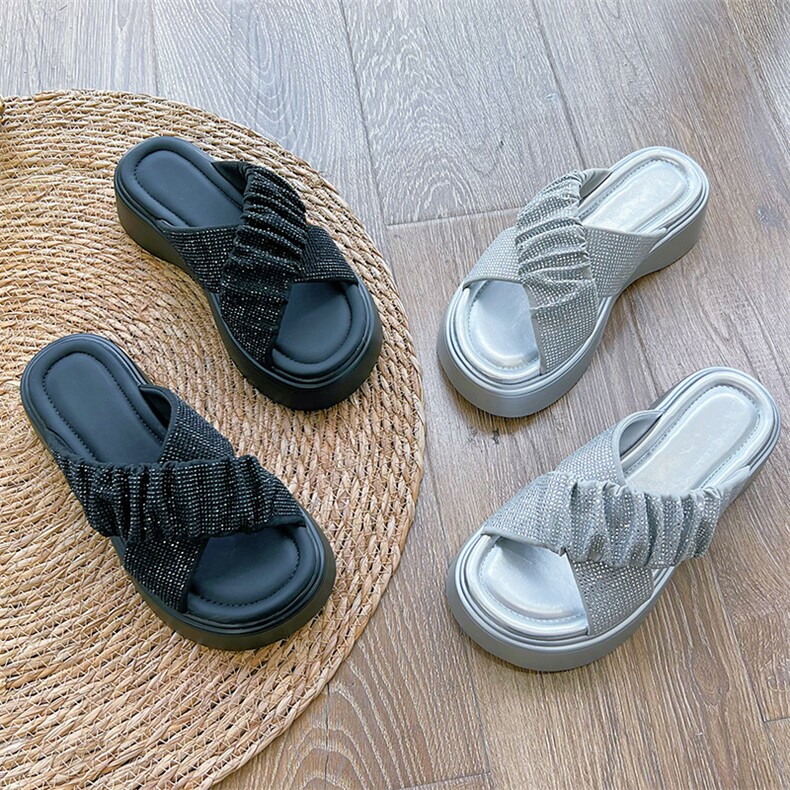 水钻沙滩拖鞋女2024夏季新款外穿露趾凉拖女休闲时尚半拖厚底女鞋，女鞋拖鞋，电商A223