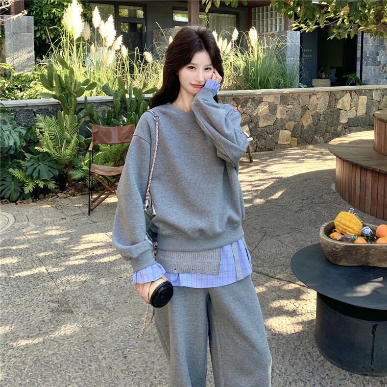 韩系慵懒休闲风格纹拼接卫衣套装女2026春季阔腿裤时尚减龄两件套,女装套装/套裙,艾米莉亚