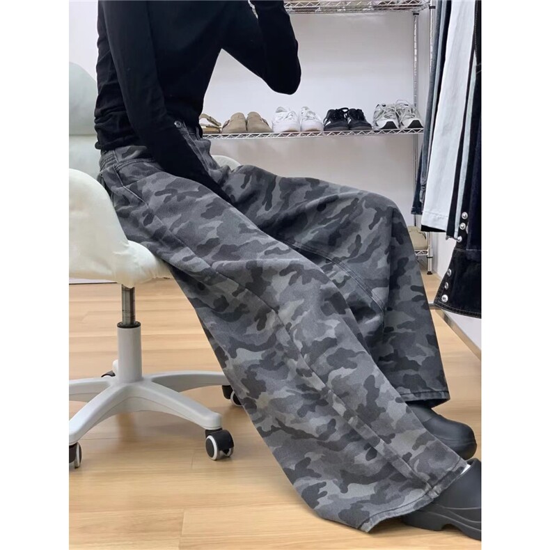 美式复古迷彩灰牛仔裤女秋季新款vibe潮牌痞帅宽松直筒阔腿长裤子,男装牛仔裤,星座1210-1