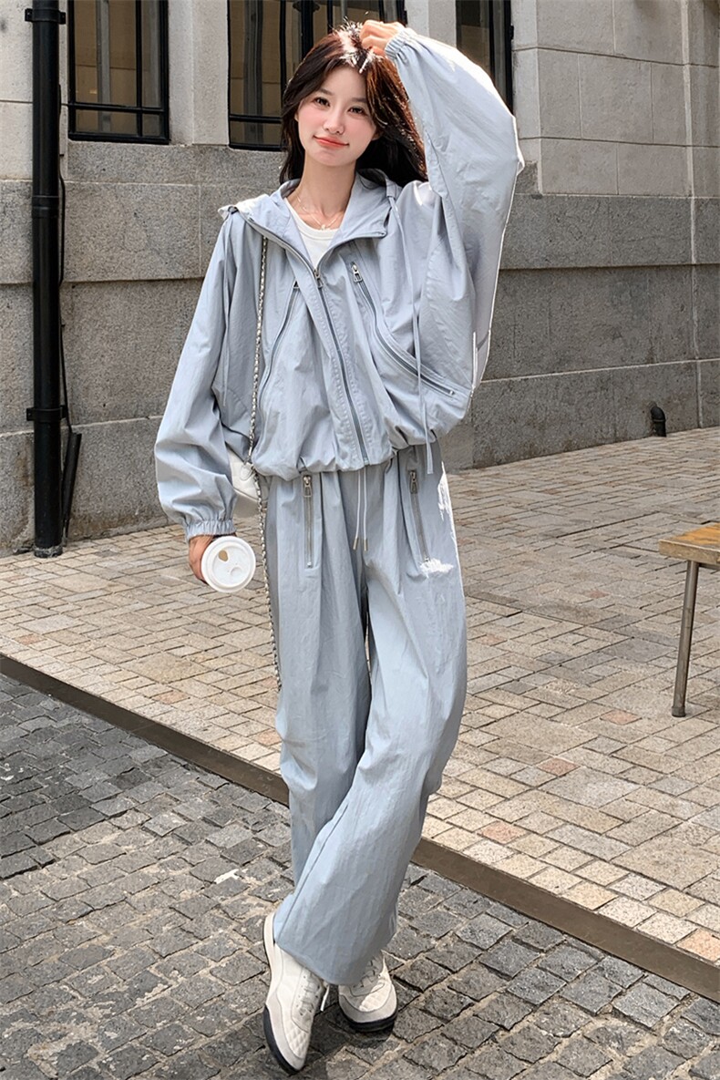 2025秋款宽松少女感外套运动蝙蝠袖+直筒裤套装,女装套装/套裙,纯色衣恋