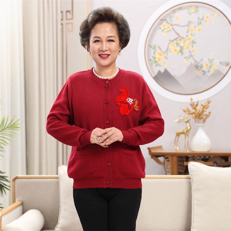 新春马年中老年情侣小马装加绒加厚开衫针织外套喜庆红色,针织衫/毛衣,亚东羊绒制品