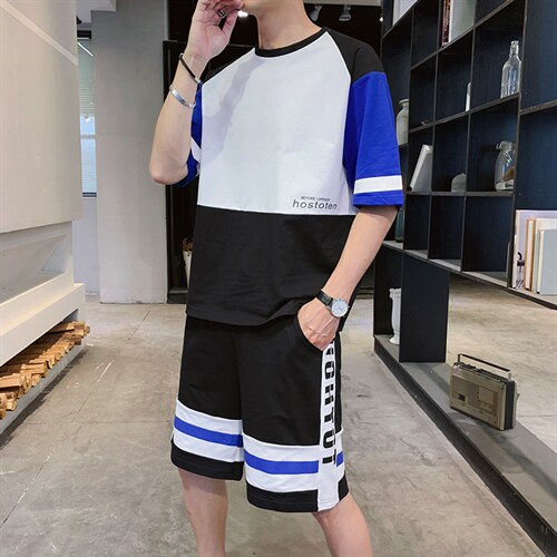 青少年新款夏季短袖短裤潮牌T恤套装男宽松圆领两件套F214P58,男装休闲套装,电商A086