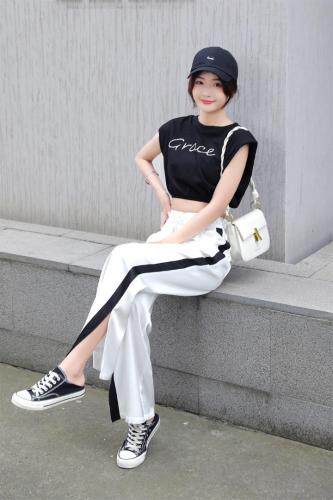 拼接撞色醋酸拖地裤，女装，哈真