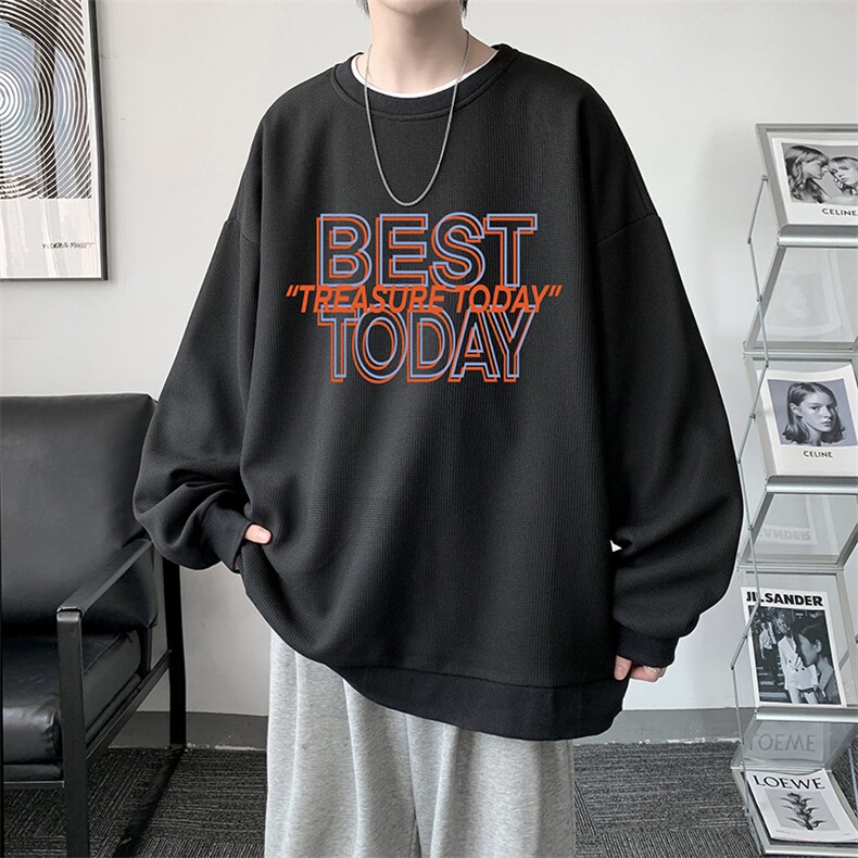 华夫格卫衣圆领卫衣男大码长袖t恤男外套HW76181-P30加绒款-P40,男装卫衣,电商A040