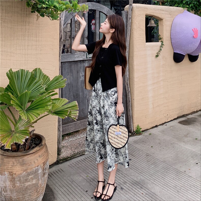 气质水墨印花套装女夏装不规则方领T恤短袖半身裙子两件套潮,女装套装/套裙,艾米莉亚