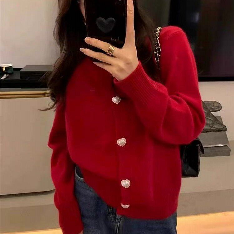 2025年秋季时尚百搭通勤简约休闲白色心扣开衫，女装针织衫/毛衣，隆格羊绒