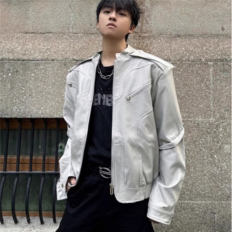 美式街头潮牌PU皮夹克男春设计感小众高街痞帅皮衣外套W5691-P81图片