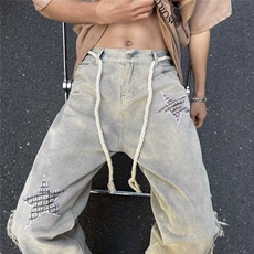 美式潮刺绣牛仔裤男春秋新款复古宽松阔腿直筒拖地潮牌vibe裤子，男装牛仔裤，星座601-2