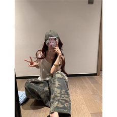 美式迷彩阔腿牛仔裤女秋新款街头辣妹宽松拖地弯刀长裤K6538-P50，男装牛仔裤，星座412-3