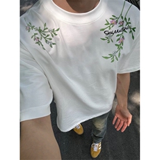 网图有货美式花卉刺绣短袖T恤男女夏季潮牌宽松情侣tA415-P35，男装T恤，星座1505