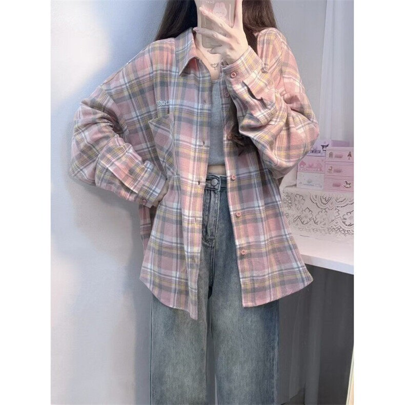 美式复古粉色格子衬衫女设计感小众防晒长袖格纹衬衣外套CA170,男装防晒衣,星座1116A（原606A-3）