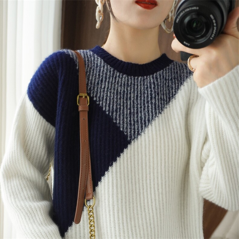 2025年秋季新款百搭撞色长袖圆领羊毛套衫，女装羊毛衫，锦弘羊绒