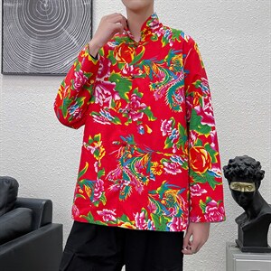 PK01秋新男士唐装东北大花民族风风港风牡丹大花盘扣汉服男装图片