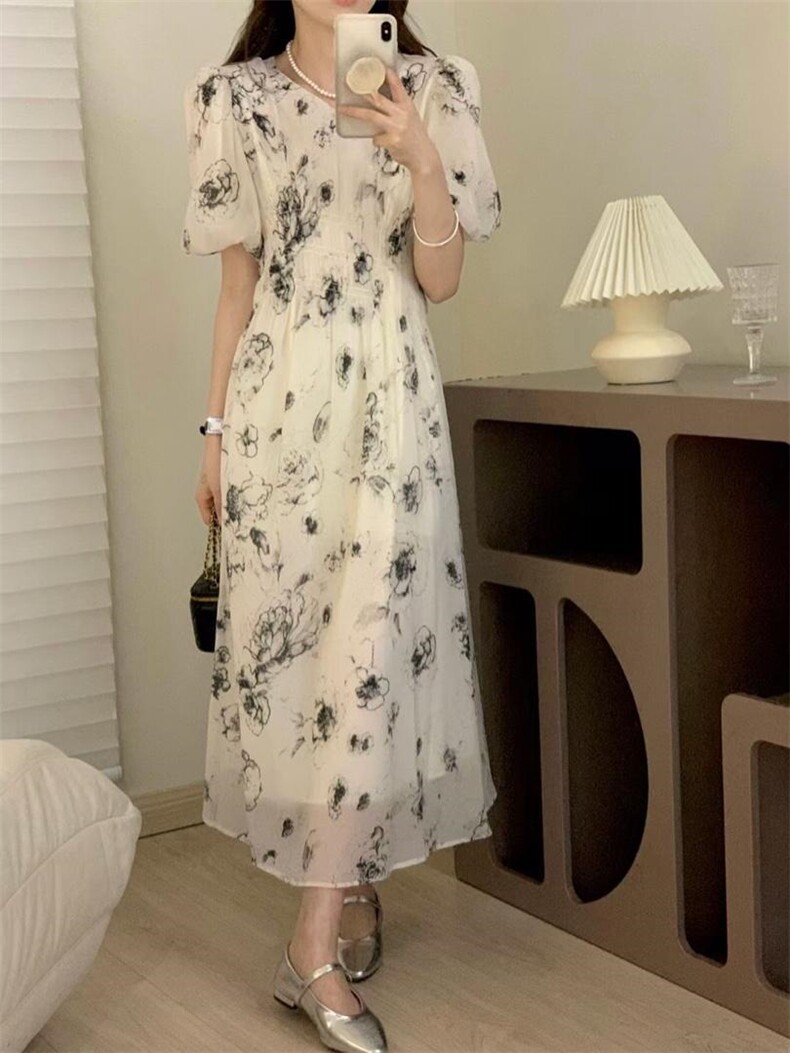 现货水墨画收腰连衣裙，女装连衣裙，素名