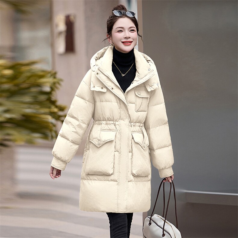 美拉德咖色鹅绒羽绒服女2024冬季新款收腰显瘦中长款加厚保暖外套,女装羽绒服,牡丹诺