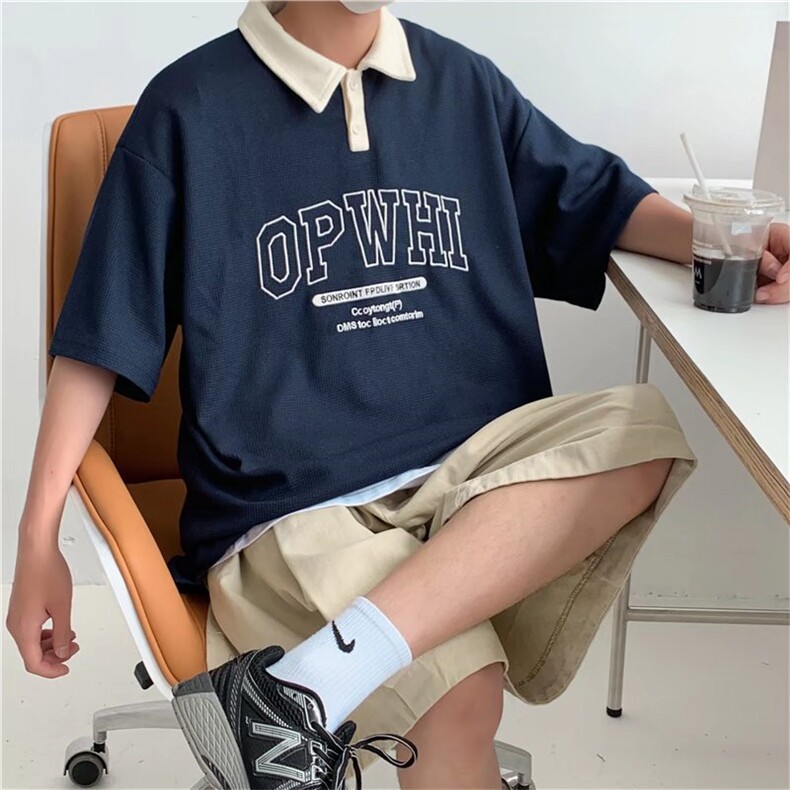 短袖t恤男潮牌夏季宽松2023年红潮ins上衣POLO衫W2490-P30,男装Polo衫,星座412-2