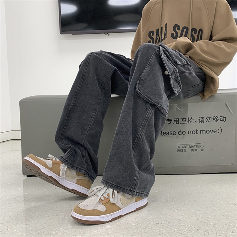 港风秋款男牛仔裤工装裤大小口袋直筒宽松长腰带长裤NK5081P55,男装牛仔裤,星座1013-1