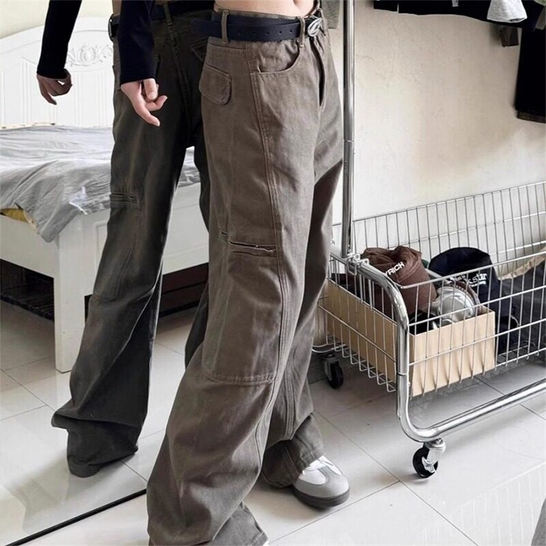 美式复古高街牛仔裤男男春秋季潮牌美拉德棕色直筒cleanfit长裤图片