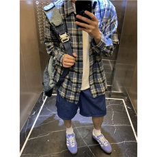 网图有货美式复古蓝色格纹毛边长袖衬衫男女宽松衬衣A1336-P30，男装衬衫，星座1505