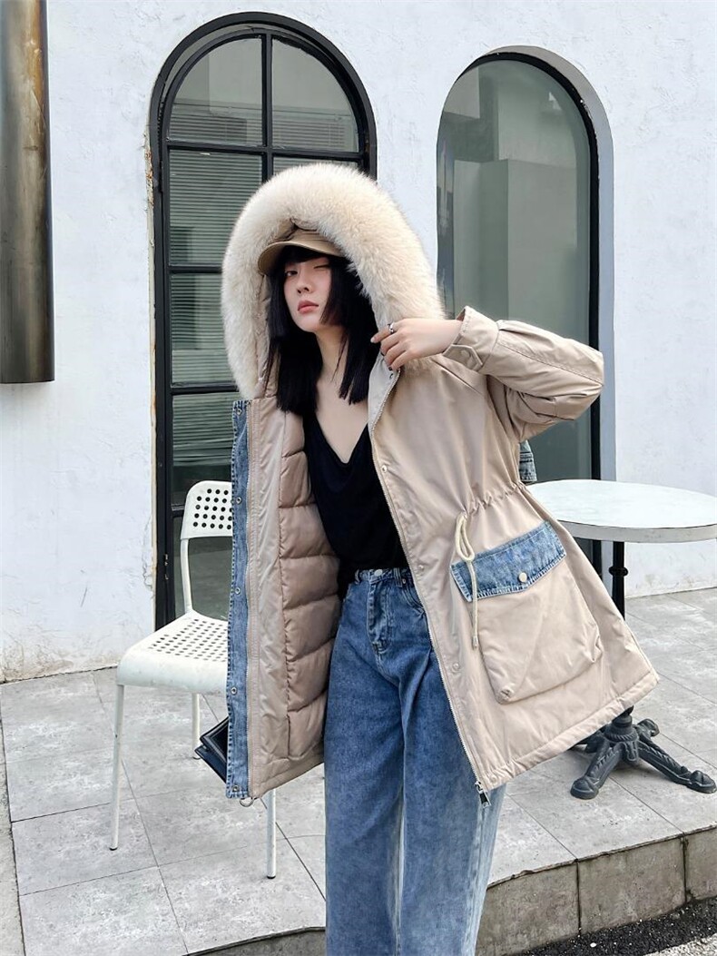 2021年冬装牛仔拼接羽绒服，时尚潮流。，女装羽绒服，非布可衣