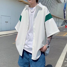 夏季潮牌衬衫袖子拼接撞色短袖衬衣港风宽松衬衫1001-1-CS570-P38，男装衬衫，星座1001-1