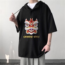 LD54185-P45连帽短袖t恤男大码胖子带帽五分袖中袖大皂风，男装T恤，电商A040