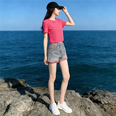 韩版休闲时尚套装女夏新款玫红色圆领短袖上衣破洞牛仔短裤两件套，女装套装/套裙，江南