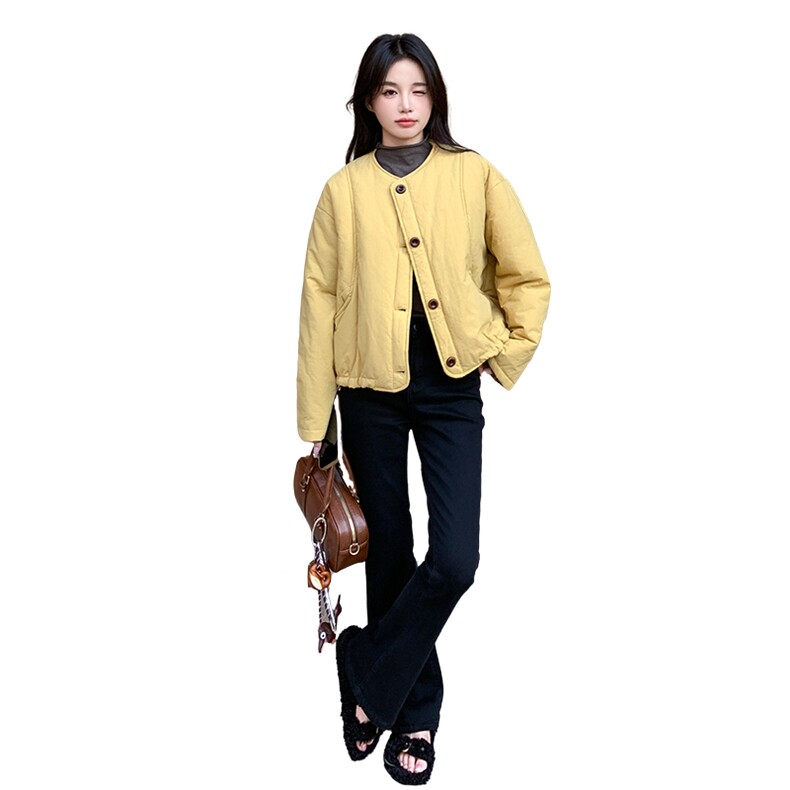 纯色圆领短款单排扣棉服外套2C215-P145-K205,女装棉衣/棉服,2C215