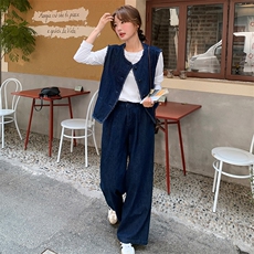 超火盐系穿搭小香风牛仔马甲套装女春秋2025新款休闲阔腿裤两件套，女装套装/套裙，浙宝305