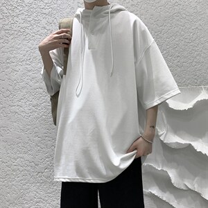 LD54099-P45 连帽短袖t恤男大码胖子带帽五分袖中袖 大皂风图片