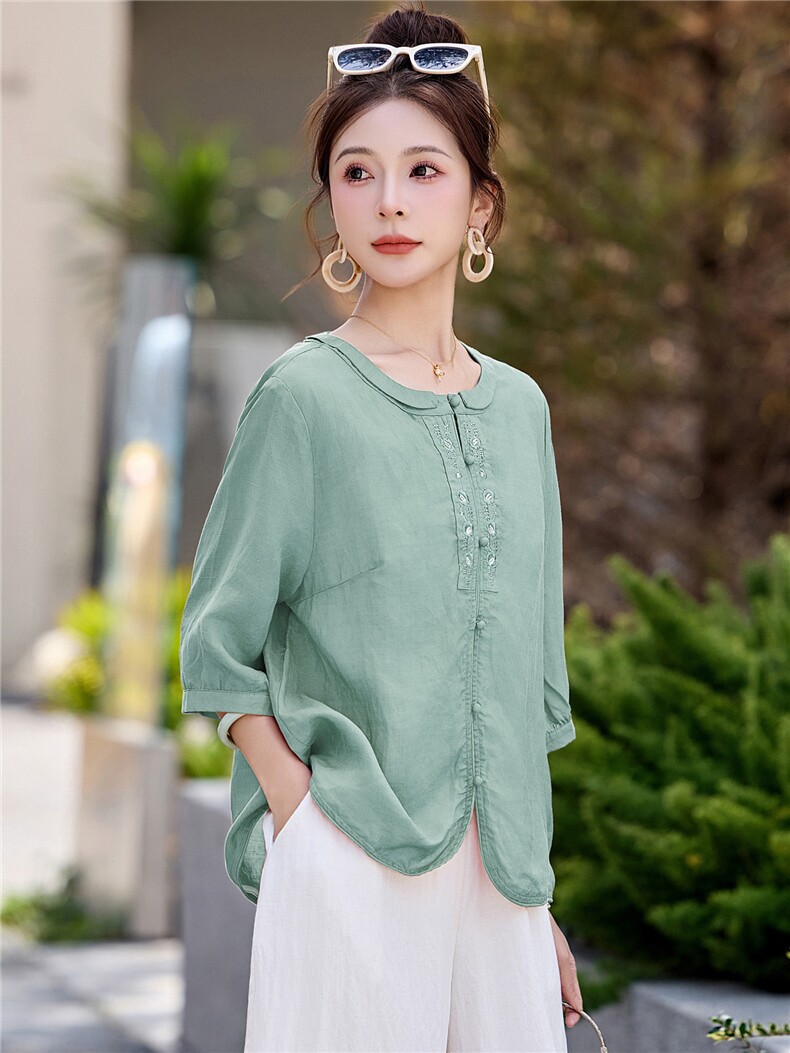 长期有货2026夏季新款天丝苎麻衬衫女中年妈妈宽松圆领中袖T恤女,女装衬衫,璐依舞