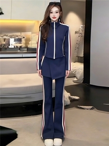 时尚休闲减龄套装女春款条纹拼接立领开衫上衣屁帘微喇长裤三件套图片