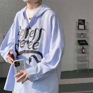 春夏新款连帽字母衬衫美式外套夏季薄款连帽衬衫外套美式打底P48图片