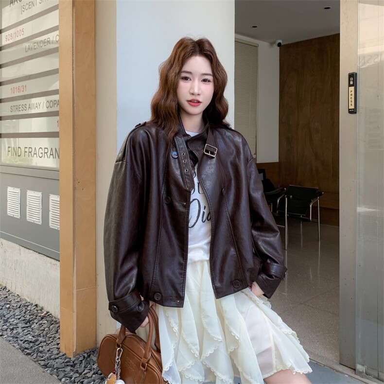 2025秋季新款棕色复古PU皮衣外套女宽松休闲上衣1386,女装皮衣,欣美人